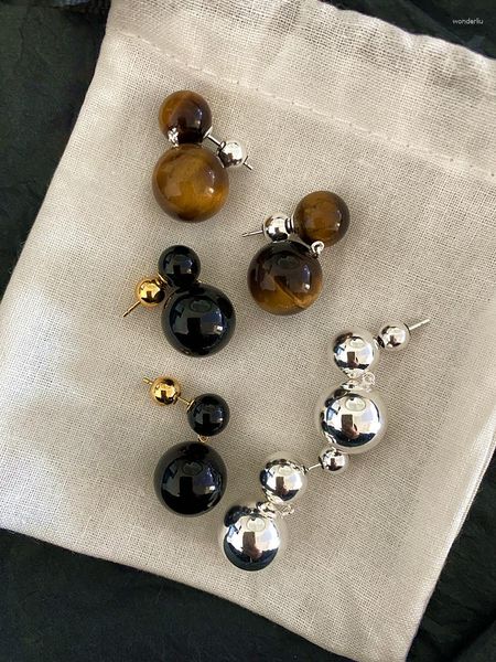 Baumelnde Ohrringe Vintage Naturstein Französische Doppelrunde Kugel Für Frauen Goldene Silberne Farbe Schmuck Pendientes