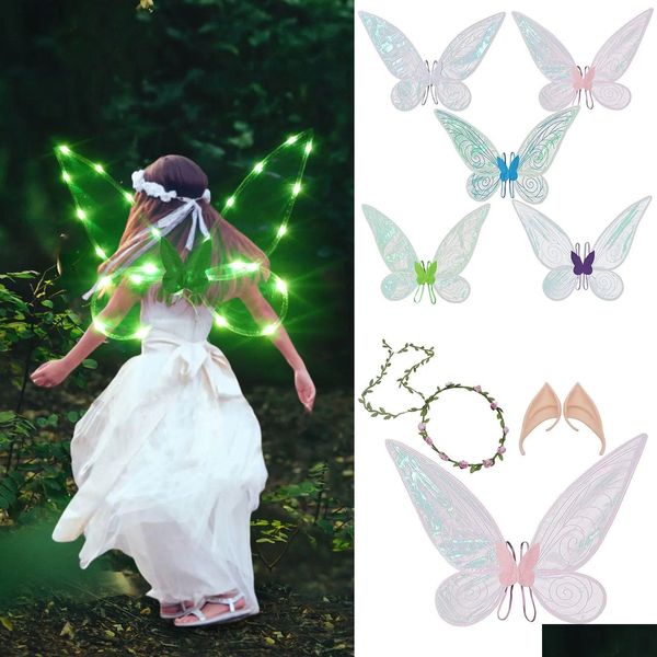 Вечеринка с крыльями феи для девочек, костюм на Хэллоуин, нарядное сверкающее прозрачное платье с цветочной короной, повязка на голову и комплект с ушками эльфа для детей Adt 83 Otagi