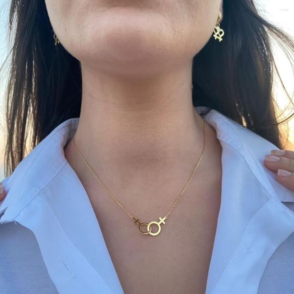 Choker Mode Doppel Anhänger Edelstahl Geschlecht Symbol Halskette Frauen Lesben LGBT Schmuck Femme Charme Schlüsselbein Kette