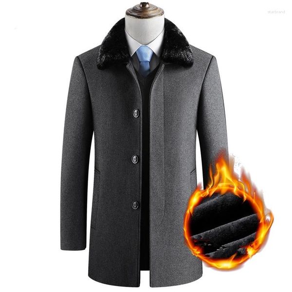 Herren Wolle Winter verdicken warmen Wollmantel Männer Casual Slim Fit Pelzkragen Windjacke Jacke Business Mantel lange Trench Blends Peacoats