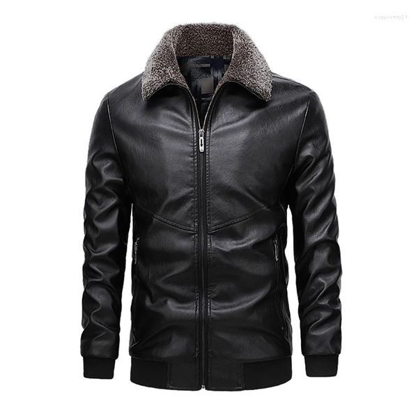 Herren Fell Herbst Winter Braune Lederjacke Männer Casual Einfarbig Kragen Mantel