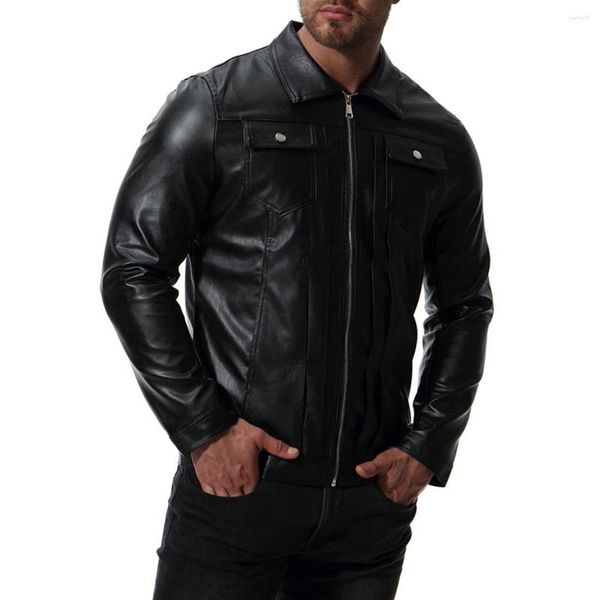 Herren Pelz Herbst Wasser Waschen Biker Jacke Schwarz Umlegekragen Kunstleder Jacken