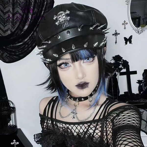 Berets miumn harajuku Punk Style Style Кожаный берет шляпы Beret Dark Gothic Grunge Skul