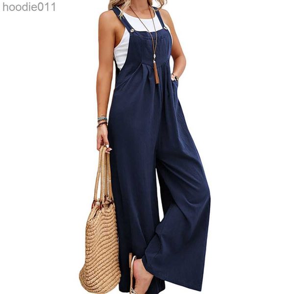 Damen-Overall, Strampler, Damen-Baggy-Overall, verstellbarer Riemen, Baumwoll-Strampler, lässiger Overall mit Taschen, Sommer-Vintage-Baumwoll-Leinen-Träger, weites Bein, L230926