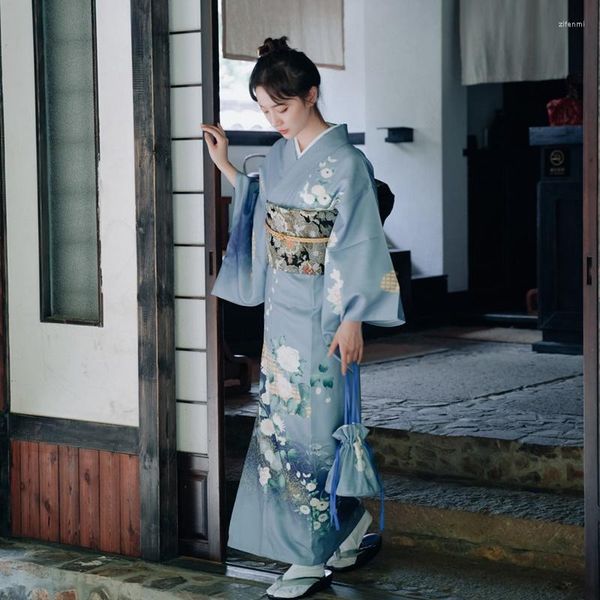 Roupas étnicas Chegada Japonês Cosplay Mulheres Original Yukata Vestido Tradicional Kimono Com Obi Desempenho Trajes de Dança Um Tamanho FF2343