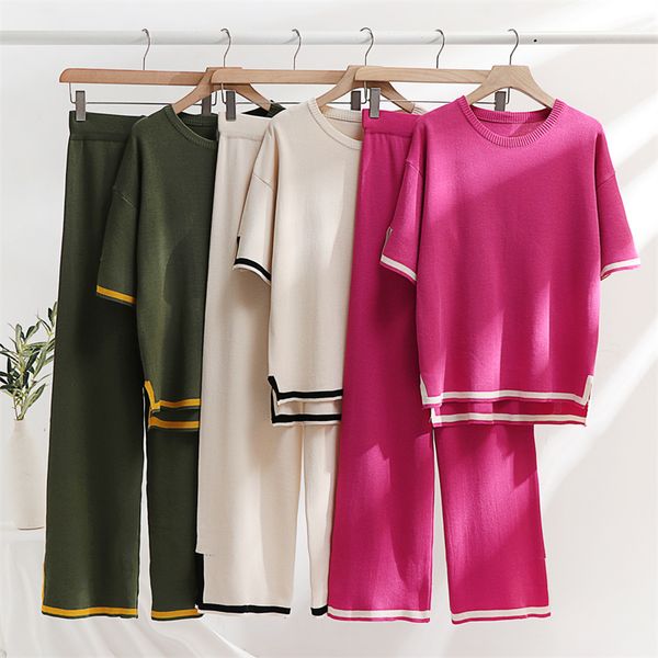Calças femininas de duas peças conjunto de duas peças calças elegantes conjuntos de roupas de verão de malha de gelo para mulheres manga curta pijama terno 230926