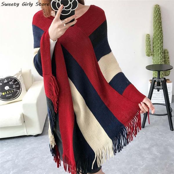 Lenços Mulheres Patchwork Lenços Xales Casaco Listrado Inverno Malha Cashmere Capes Xaile Cardigans Camisola Quente Malha Poncho Cobertor 230922