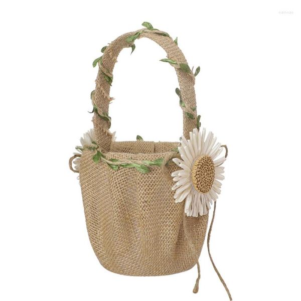 Подарочная упаковка, льняная кружевная свадебная корзина с цветком и ручкой, винтажная деревенская церемония, украшение стола, сумка для конфет