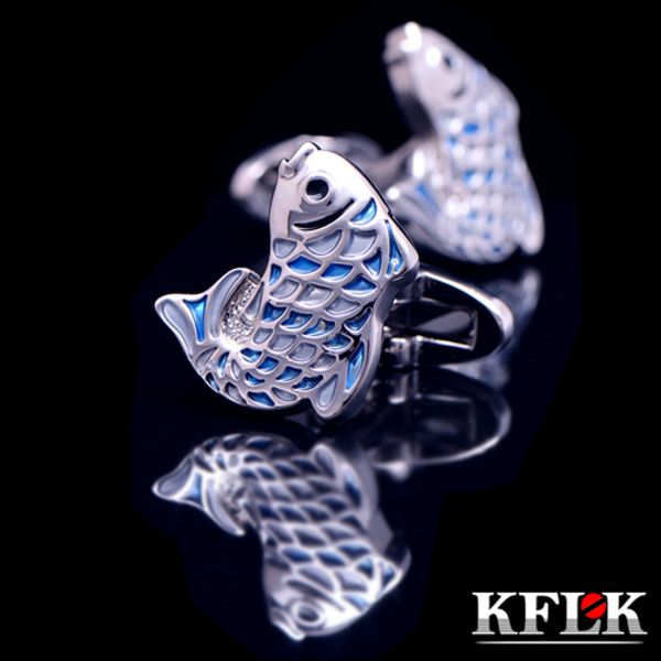 Abotoaduras KFLK Luxo Camisa Abotoaduras para Mens Presentes Marca Cuff Botões Azul Peixe Cuff Links Alta Qualidade Animal Designer Jóias 230925