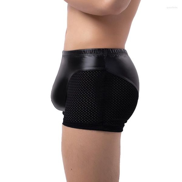 Cuecas de malha gays shorts pretos homens boxer verão sexy homem botões bulge roupa interior moda deslizamento cintura média calcinha sólida pu