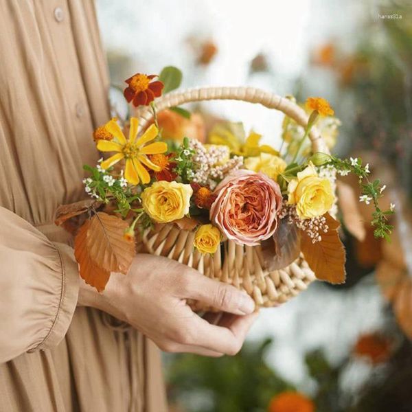 Garrafas feitas à mão com alça cesta de flores meia lua vime cestas de casamento para meninas piquenique resistente