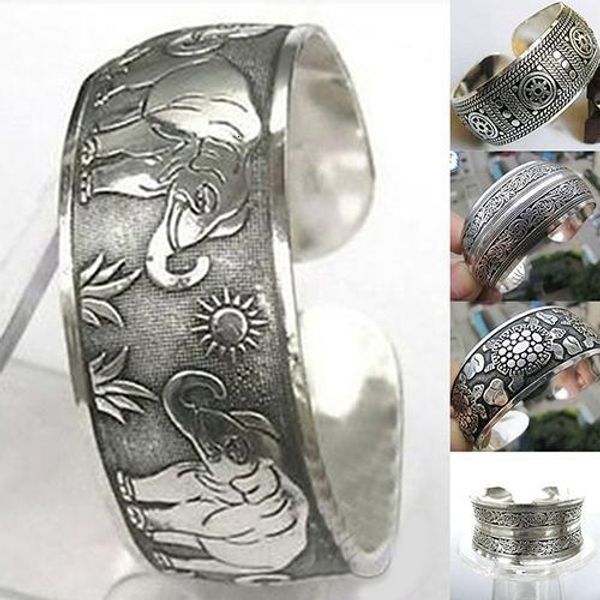 Armreif im chinesischen Stil, Vintage, tibetischer Silber-Elefant, geschnitzte Blume, geometrisch, offene Manschette, breites Armband, Schmuck, Geschenk für Frauen 230926