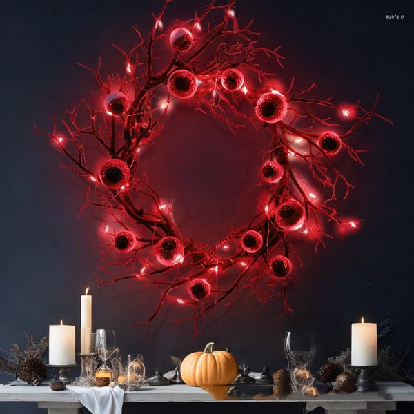 Flores decorativas aqumótica grinalda de halloween luz 40cm grinaldas de queda para porta da frente flor falsa anel floral artificial com morcegos globo ocular