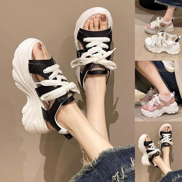 Sandalen Sportlicher Stil Dicke Sohle für Frauen 2023 Sommer Koreanische Version Biskuitkuchen Vordere Krawatte Up Slide 10 Damen