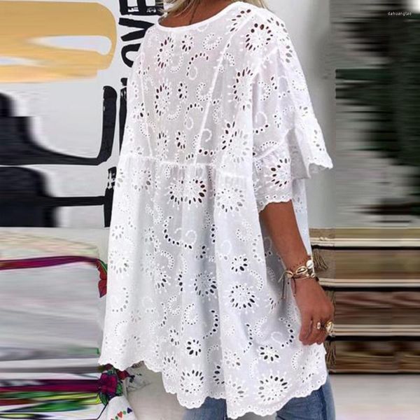Sıradan Elbiseler Kadın Mini Elbise Moda V Gezek Çıkış Nakış Desen Kısa Kollu Beyaz Renk Fırfır Yaz Gevşek Kapak-U