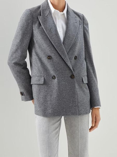 Damenanzüge Wolle Frauen Grau Blazer Anzug Mantel Vintage Langarm Mode Weibliche Kerb Zweireiher Jacken 2023 Herbst