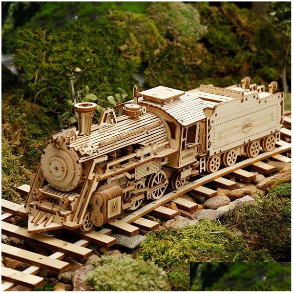 Oggetti decorativi Figurine Puzzle 3D in legno Modello di treno Giocattolo fai da te Kit meccanico Assemblaggio Decorazione della casa Artigianato 210318 Drop Deliv Otpnh