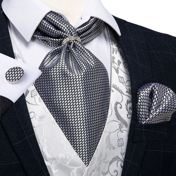 Bow Ties Tasarım Erkekler Ascot Kravat ile Yüzük Gümüş Düğün Düğün Resmi Cravat İpek Kendi İngiliz Tarzı Boyun Kravat Mendil Seti Dibangu 230922