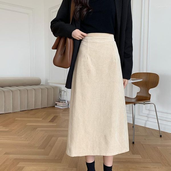 Röcke Cord Lange Midi Frauen Hohe Elastische Taille A-Linie Vintage Gerade Rock Solide Harajuku Split Elegante Büro X815