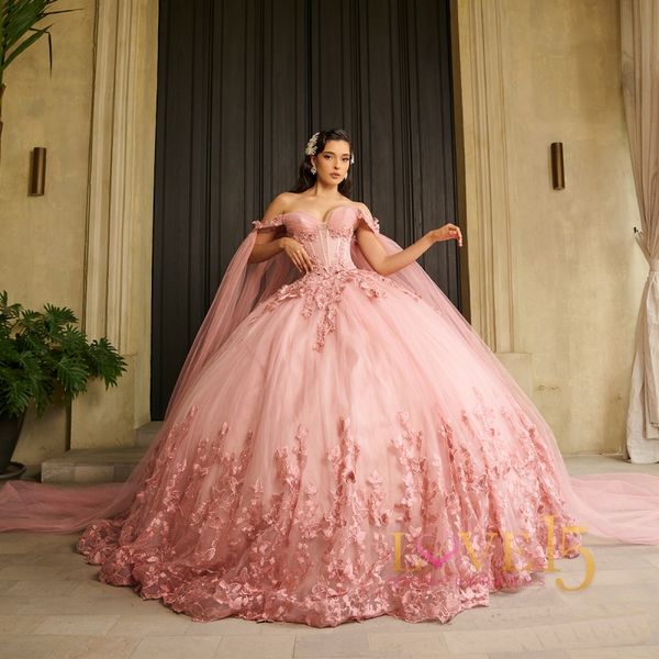 Rosa querida elegante apliques quinceanera vestidos frisados arco vestido de baile com capa vestidos de 15 anos doce 16