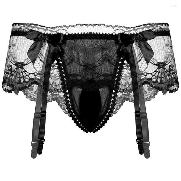 Cuecas masculinas calcinha sissy lingerie briefs sexy roupa interior ver através de renda com liga shorts masculinos tangas