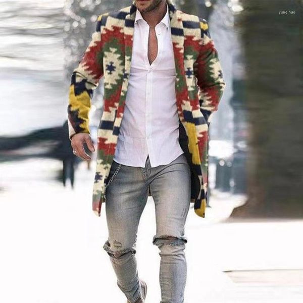 Erkekler Yün Erkekler Yün Ceket Ceket Moda Çizgili Geometrik Baskı Genç Erkek Giysileri Sonbahar Kış Bekar Göğüslü Cep Paltalı Out Giyim