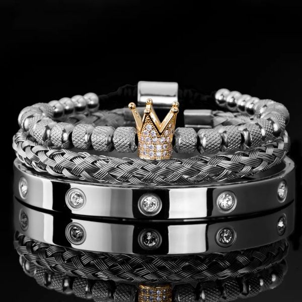 A moda selvagem favorita de todos 3 unidades / conjunto estilo único luxo micro pave CZ coroa romana real presente de luxo pulseiras de cristais de aço inoxidável casal feito à mão