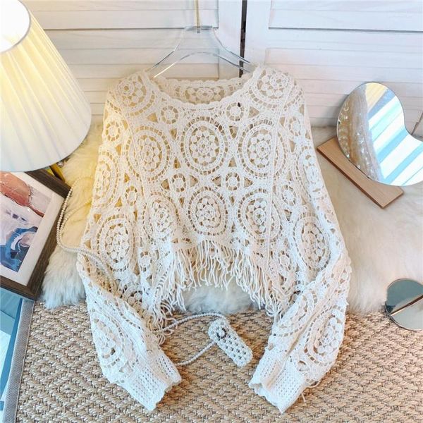 Damenpullover Koreanische Mode Häkeloberteile Frauen Batwing Sleeve Strickpullover Herbst Winter Jersey Jumper Crop Top Quaste