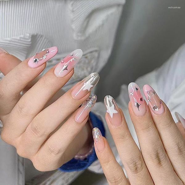 Unhas falsas prata brilhando estrelas oval y2k imprensa em longa amêndoa moda dicas de unhas wearable com strass desenhos arte falsa