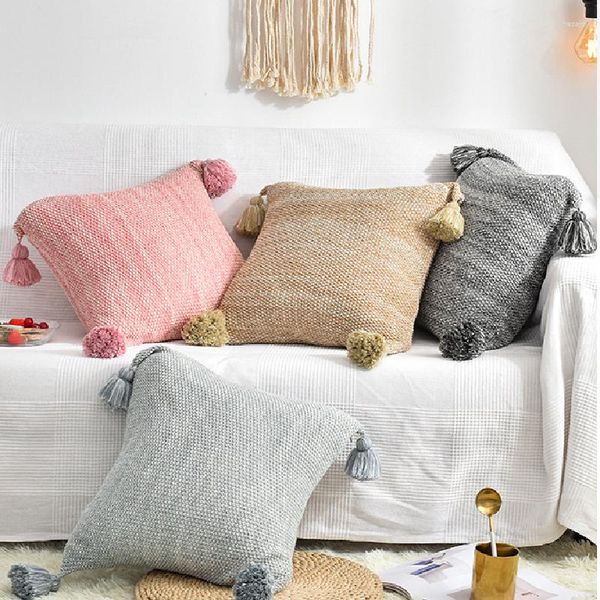 Capa de almofada 45x45cm mistura de duas cores crochê caso borla algodão lance para sofá sala de estar decoração de quarto