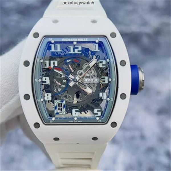 Mills WrIstwatches Relógios Richardmill Relógios esportivos mecânicos automáticos RM030ao Edição limitada global de 50 cerâmica branca cinza azul mostrador oco Wat HBTP