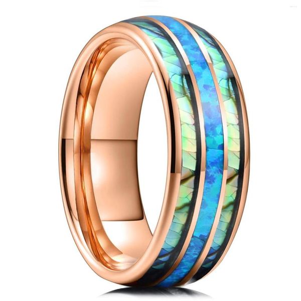 Anéis de casamento Moda Rosa Cor de Ouro Homens Aço Inoxidável Abalone Shell Inlay Azul Opala para Mulheres Banda Jóias Presentes