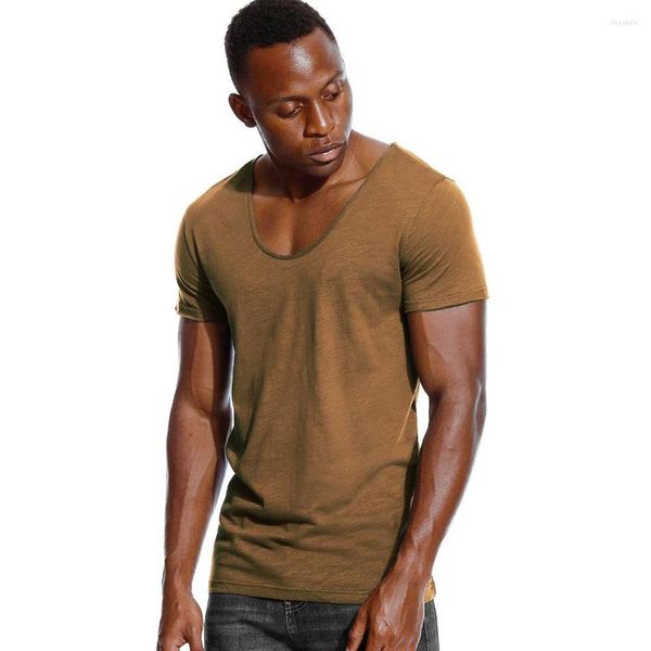 Abiti da uomo A2734 T-shirt manica corta slim fit con scollo a V profondo per uomo T-shirt elasticizzata a taglio basso T-shirt moda maschile invisibile casual