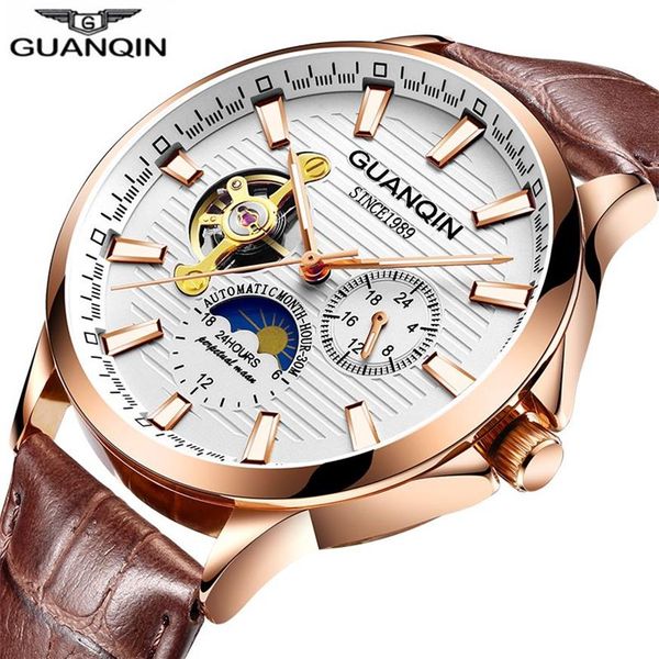 CWP GUANQIN 2021 Uhr Leuchtende Uhr Männer Automatische wasserdichte mechanische Leder Rose Gold Skeleton Business Relogio Masculino2130