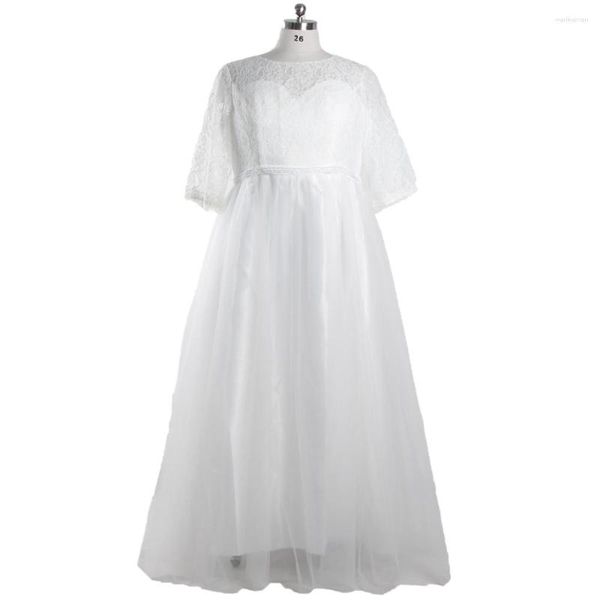 Vestidos de festa noite renda branca três quartos mangas o pescoço simples tule a linha até o chão mais zíper vestido traseiro d1026