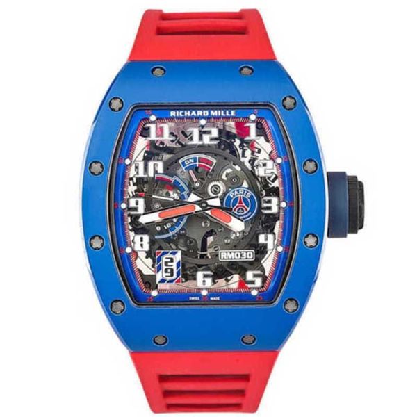 Richarmill Relógio Movimento Mecânico Relógios de Pulso Relógios Automáticos Rm030 Azul Cerâmica Lado Vermelho Paris Mostrador Limitado 42,7 50 Mm com Cartão de Seguro4N4 WN-WX1X