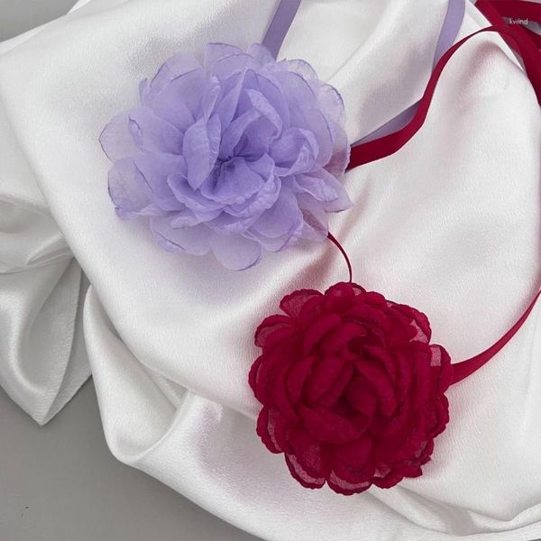 Gargantilha cor cinta retro flor colar colar estilo francês clavícula corrente temperamento malha fio fita pescoço