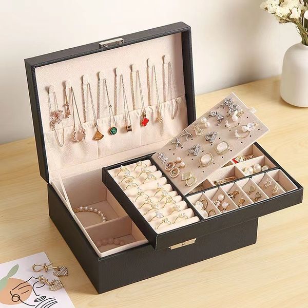 Caixas de jóias de duas camadas caixa de couro organizador brincos anéis colar caso de armazenamento com bloqueio mulheres meninas presente 230926