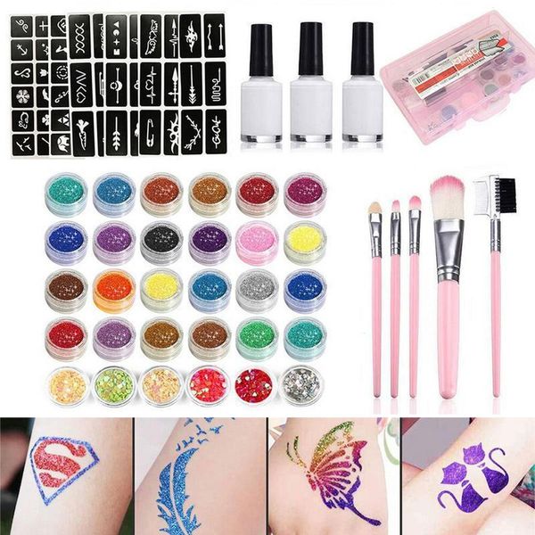 Altro Fornitura di trucco permanente 30 colori Diamond Flash Glitter Powder Template Tattoo Set 60 per bambini adulti Face Body Art Painting 230925