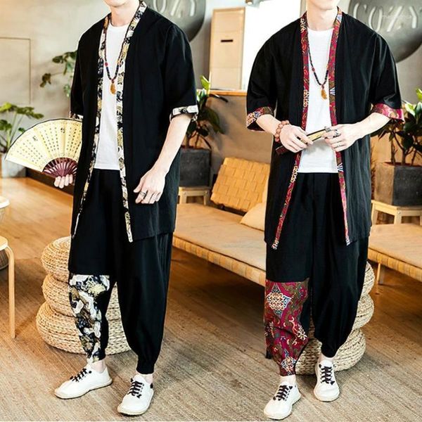 Roupas étnicas Vintage Homens Chineses Verão Fino Kimono Camisa Calças 2 PCS Cardigan Tang Terno Retro Japonês Robe Conjuntos Casuais