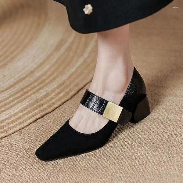 Elbise Ayakkabı Bahar Kadınlar Mary Jane Yüksek Topuklu Siyah Süet Süet Pompalar Altın Toka Kare Toe Sığ Tekne Ayakkabı 2023