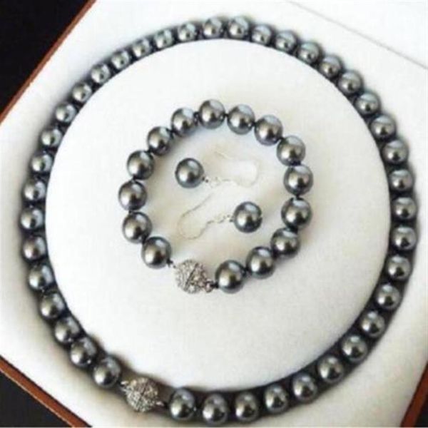 Set di orecchini e bracciale con collana di perle di conchiglia grigio scuro dei Mari del Sud da 10 mm266Y