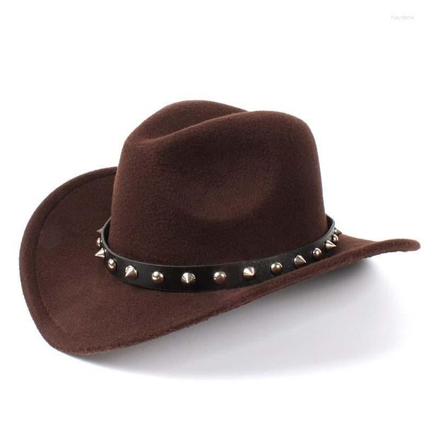 Berets vintage gótico rebite leahther banda lã feltro adulto / criança criança casual borda larga cowboy ocidental chapéu cowgirl boné 54/57/61cm