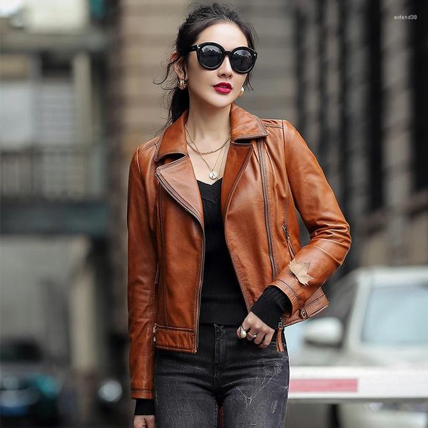 Couro feminino 2023 casaco primavera outono jaqueta feminina real pele de carneiro moto feminino curto marrom