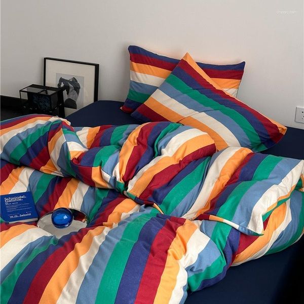 Conjuntos de cama Seez Full Size - 4 peças multi-color listrado reversível capa de edredão moderno conjunto de edredom para todas as estações