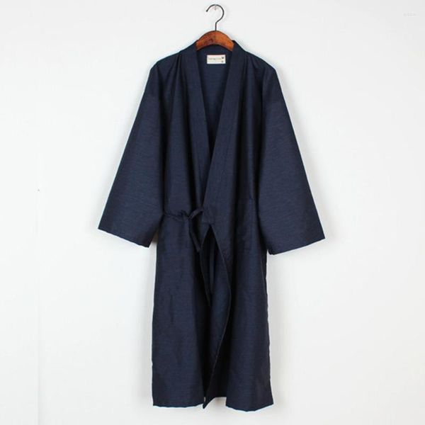 Homens sleepwear moda estilo japonês quimono robe cor sólida rendas até longo roupão pijama cinto de algodão casa pijama robes roupas para homens