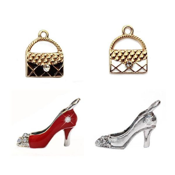 Charms 50 pezzi borsa da donna bianca nera 3D scarpe rosse con tacco alto fascino per gioielli fai da te braccialetto collana orecchini fabbricazione a mano Accessori Dhzsd