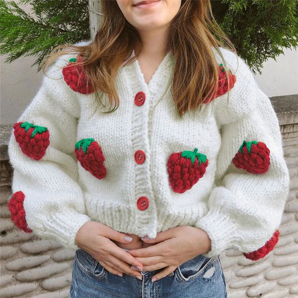 Kadın Sweaters Sonbahar Çilek Kintted Uzun Kollu Gevşek Tek Göğüslü Ceket Kadınlar Sonbahar Moda Kalın Sıcak hırka Kazak Sokak Giyim