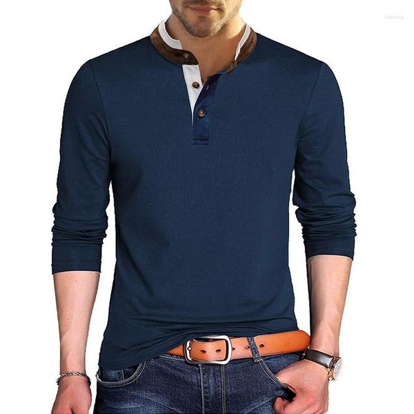 Camisetas masculinas tamanho americano S-XXL manga comprida camisetas masculinas ao ar livre casual contraste cor gola tops camisetas primavera outono slim fit homens