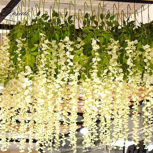 Flores decorativas grinaldas 12 pçs seda glicínias branco artificial videira hera planta falsa árvore guirlanda pendurado flor decoração de casamento el308m